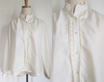 Vintage 70s off white ruffle button up blouse with lace, high collar, women's size large