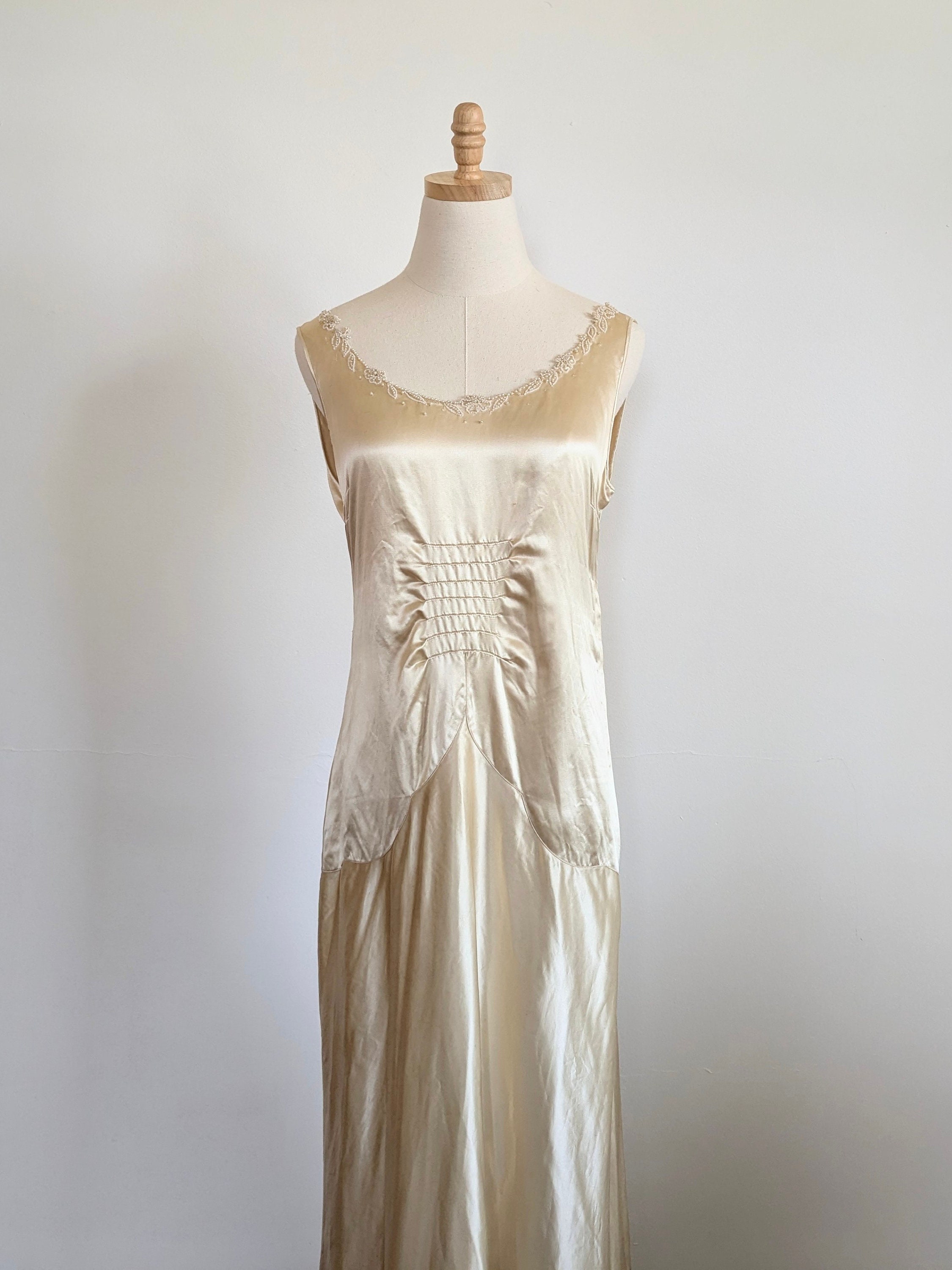 1920s Champagne Liquid Satin Beaded Wedding Dress, Vintage Art Deco ...