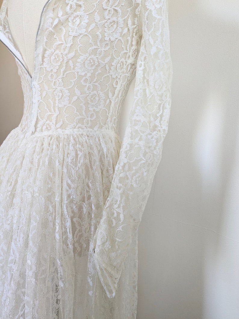 Vestido de novia de encaje marfil transparente de los años 50, vestido de novia estilo princesa vintage, talla XS para mujer imagen 9