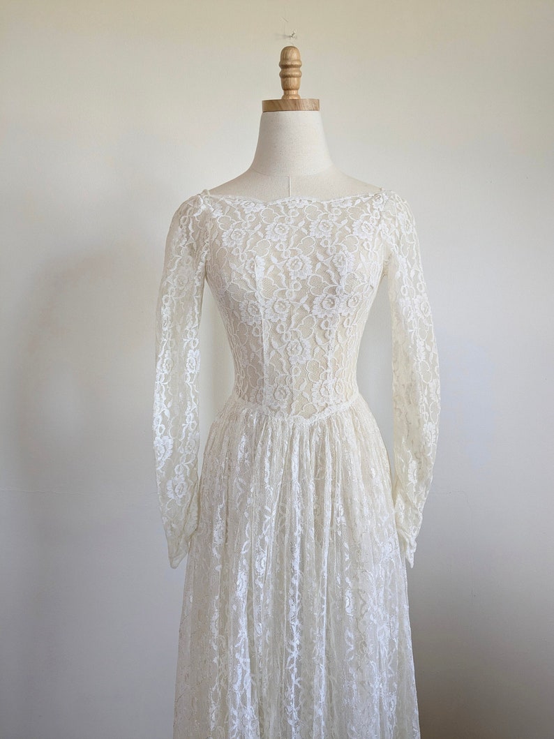 Vestido de novia de encaje marfil transparente de los años 50, vestido de novia estilo princesa vintage, talla XS para mujer imagen 1
