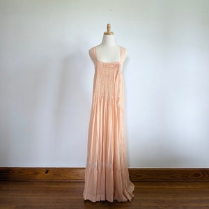 RARE antique 1930s cotton dress, vintage pale pink nightgown, slip, sleeveless, pintuck pleats, prairie style, women's size M/L