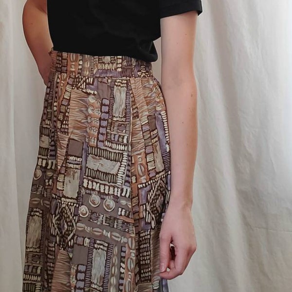 Vintage 80s abstract midi skirt, a-line, tan purple, elastic waistband, flowy, women's size medium or large