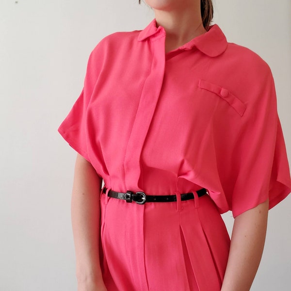 80s bright pink shirt dress, short sleeve vintage preppy professional, women's size medium large