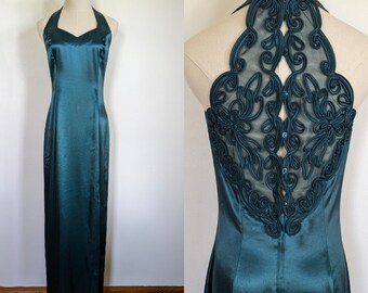 vintage Gunne Sax satin slip dress, Jessica McClintock, 1990s, halter, teal green formal column gown, full length fitted, women's size 4/6