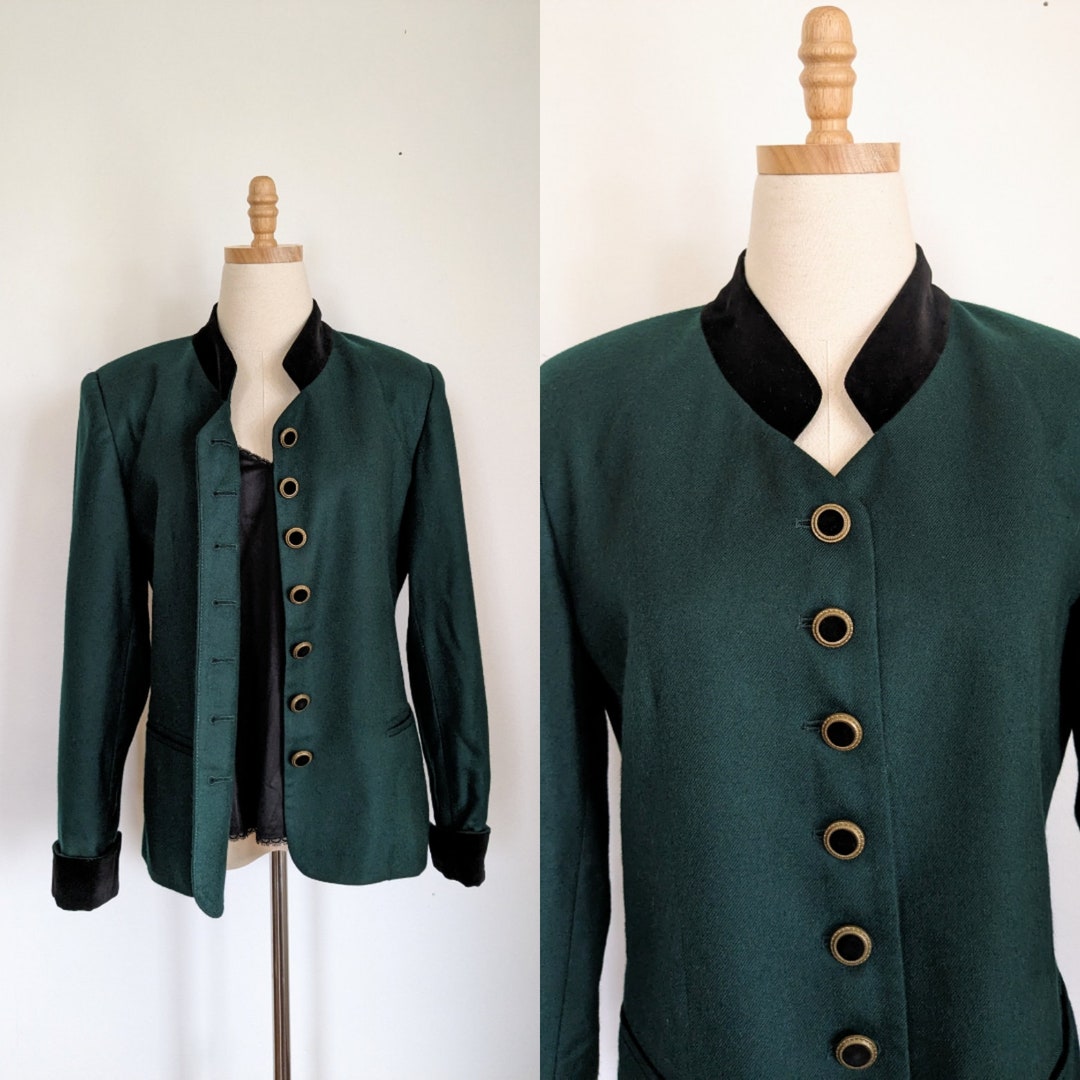 80s Green Wool Coat Velvet Collar Vintage Wool Jacket Etsy