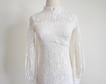 1960s crochet lace wedding dress, boho vintage floral bridal gown
