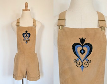 70s embroidered overalls, bibs shorts by Erika Elias Charlie's Girls, RARE hippie boho festival, floral, hearts, vintage, women's XS small