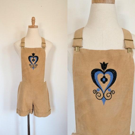 70s embroidered overalls, bibs shorts by Erika El… - image 1