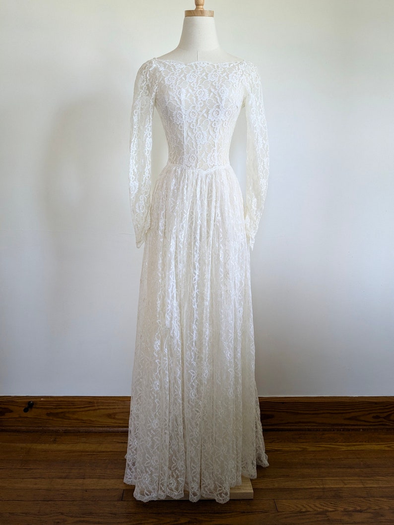 Vestido de novia de encaje marfil transparente de los años 50, vestido de novia estilo princesa vintage, talla XS para mujer imagen 3