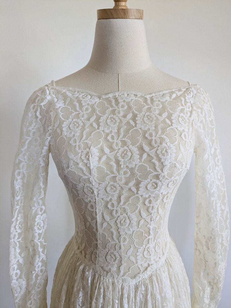 Vestido de novia de encaje marfil transparente de los años 50, vestido de novia estilo princesa vintage, talla XS para mujer imagen 5
