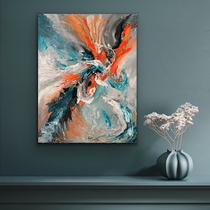 Abstract Acrylic Painting, One of a Kind Painting, Orange, Blue, Black, Gray and White Abstract. Modern Painting on Canvas.