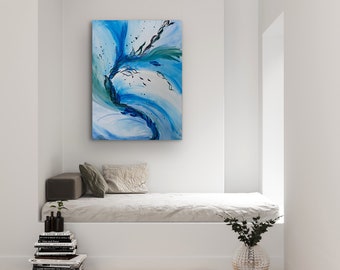 Modern Blue, Green, Black and White Abstract Painting, Original Art Painting, Acrylic on Canvas.