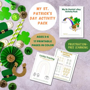 Puede incluir: Un paquete de actividades del Día de San Patricio con el texto "My St. Patrick's Day Activity Pack" y "Ages 3-6, 17 Printable Pages in Color". La imagen incluye un arcoíris, tréboles, monedas de oro y un duende.