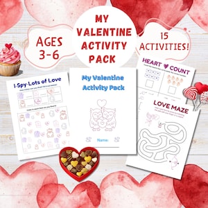 May include: A Valentine's Day activity pack for ages 3-6, featuring 15 activities. The pack includes I-Spy, Heart Count, and Love Maze games, along with a coloring page. The design incorporates hearts, cupcakes, and chocolates.