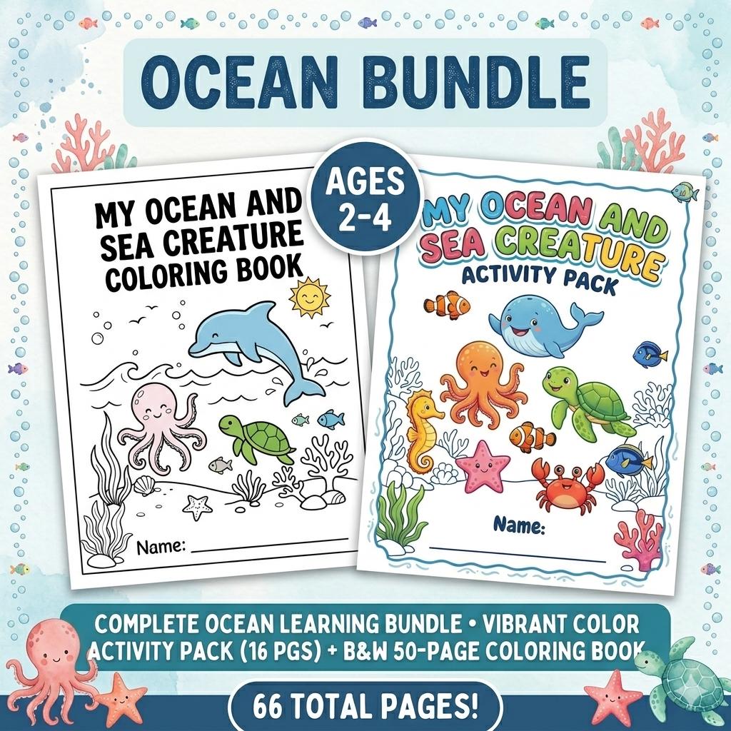 Ocean and Sea Creature Activity Pack and Coloring Book Toddlers Ages 2 ...