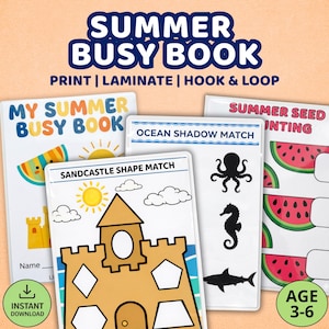 May include: A set of children's activity pages with a summer theme. The pages feature a sandcastle shape match, ocean shadow match, and summer seed planting activities. The text on the pages reads "Summer Busy Book" and "Age 3-6".