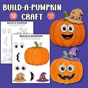 May include: A Build-A-Pumpkin craft activity set featuring printable sheets with pumpkin shapes, eyes, mouths, and hats. The set includes a colored example of an orange pumpkin with a tan hat and a hand-colored pumpkin with a purple witch hat.