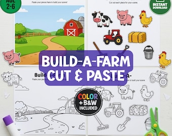 May include: A Build-A-Farm cut and paste activity set featuring two pages with a colorful farm scene and a black and white outline version. Includes cut-out pieces of a cow, pig, chicken, tractor, hay bale, rake, shovel, and bucket for children.