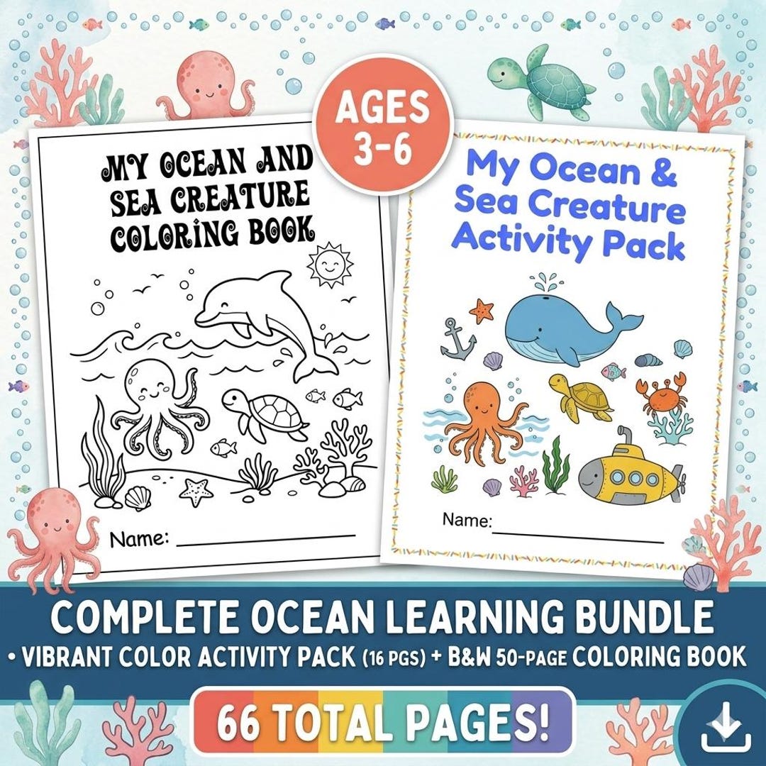 Ocean and Sea Creature Activity Pack and Coloring Book Ages 3-6 Color ...