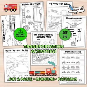 May include: A collection of printable activity sheets titled My Things That Go Activity Pack, featuring black and white line drawings of vehicles, trains, and planes, including mazes, pattern matching, and cut-and-paste tasks for children.