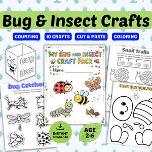 May include: A colorful printable activity pack for kids aged 2-6, featuring bug and insect crafts. Includes counting, cut & paste, and coloring activities. The pack features a variety of insects, including a ladybug, butterfly, and bee.