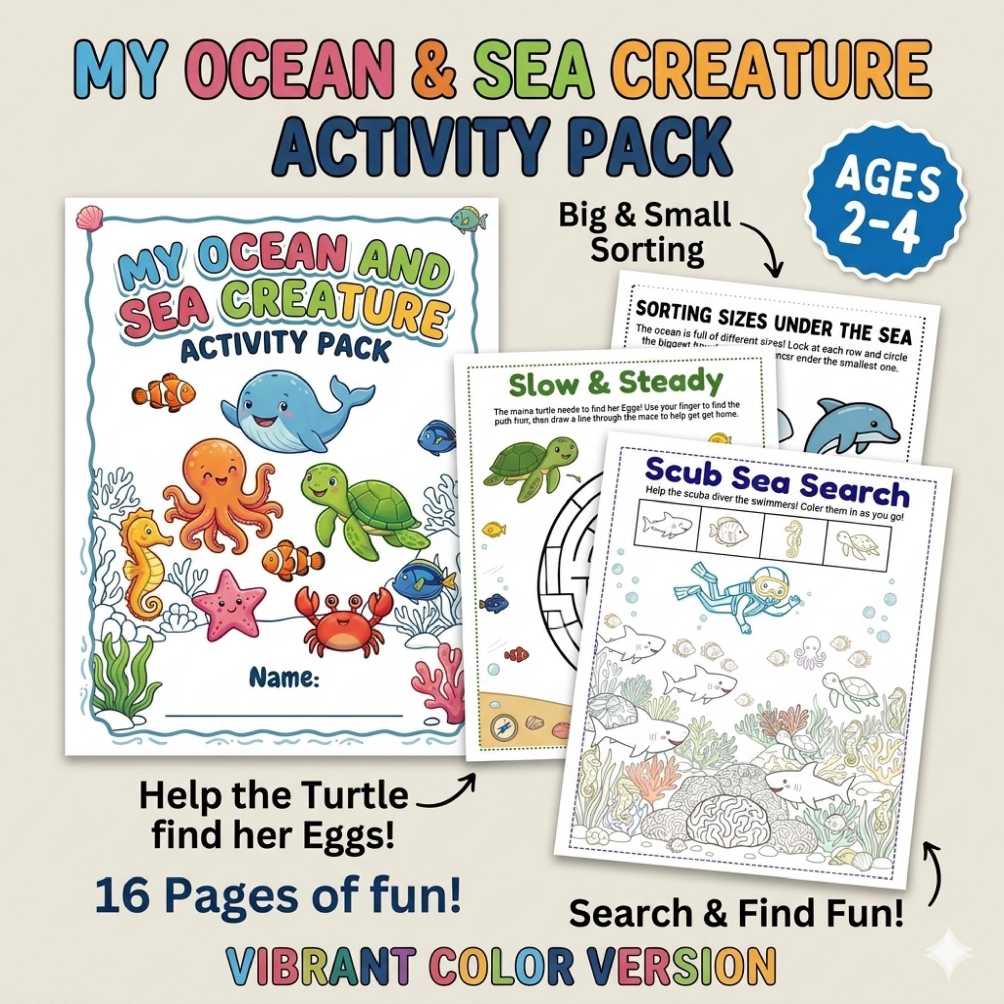 Ocean and Sea Creature Activity Pack for Toddlers Ages 2-4 Colorful ...