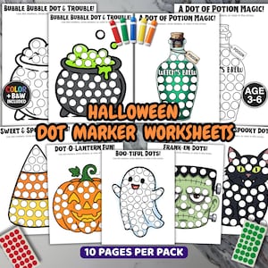 May include: A set of Halloween dot marker worksheets featuring ten pages with illustrations of a cauldron, potion bottle, candy corn, pumpkin, ghost, Frankenstein's monster, and a black cat, each containing circles for dot markers or stickers.