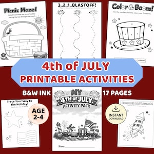 May include: A collection of 17 black and white printable activity pages for the 4th of July, featuring mazes, tracing exercises, and coloring sheets with themes like fireworks, rockets, American flags, and picnic items for children ages 2-4.