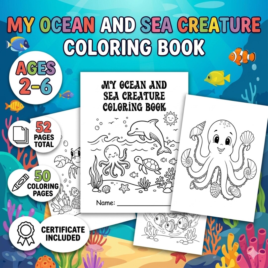 Ocean and Sea Creature Coloring Book for Toddlers and Kids Ages 2-6 B&W ...