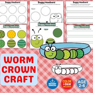 May include: A printable Buggy Headband craft set featuring templates for coloring and cutting out inchworm pieces and headband strips. The design includes a finished blue headband with a green inchworm and a black and white outline version.