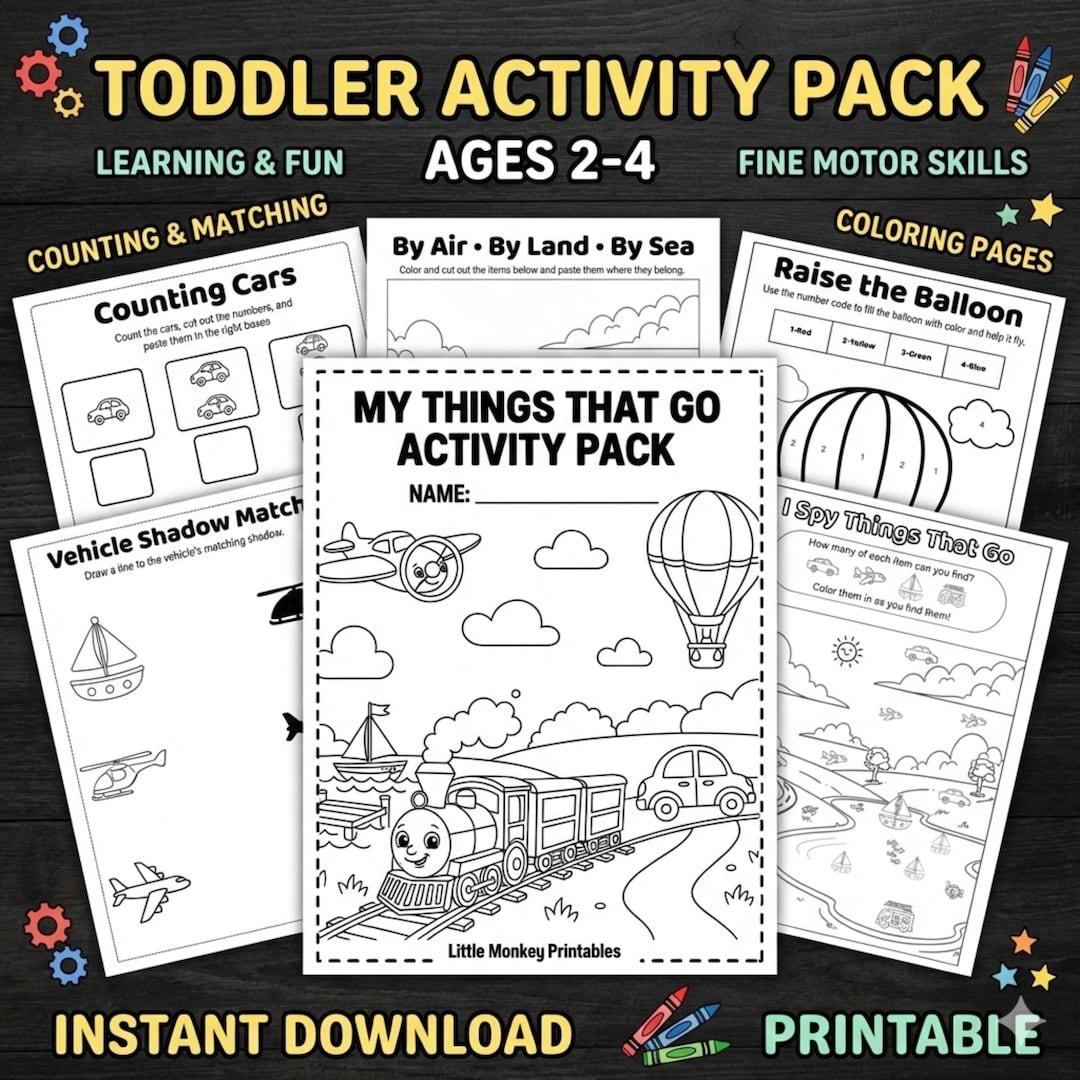 Things That Go Activity Pack for Toddlers Ages 2-4 Ink-friendly B&W ...