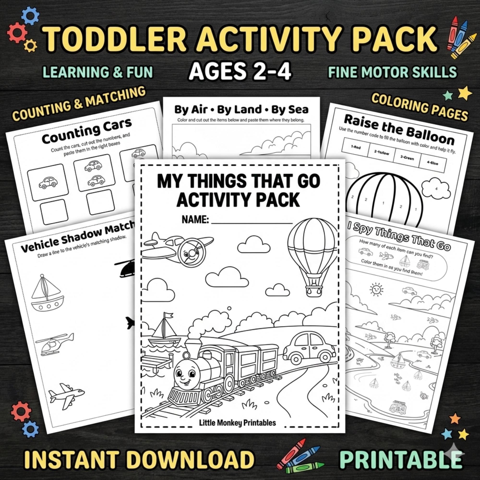 Things That Go Activity Pack for Toddlers Ages 2-4 Ink-friendly B&W ...