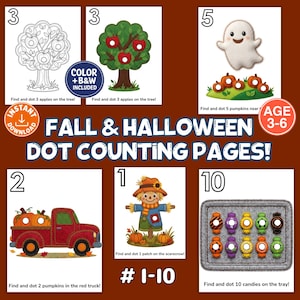 Peut inclure: Pages de comptage à points pour l'automne et Halloween pour les 3-6 ans avec des feuilles d'activités numérotées de 1 à 10. Les illustrations incluent un pommier, un fantôme, des citrouilles, un camion rouge, un épouvantail et des bonbons.