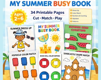 Pode incluir: Um livro de atividades infantis colorido intitulado "MY SUMMER BUSY BOOK" com o texto "Ages 2-6". O livro apresenta 34 páginas para imprimir com atividades como vestir, combinar cores e contar. O livro é um download instantâneo e mede 21,59 x 27,94 cm.