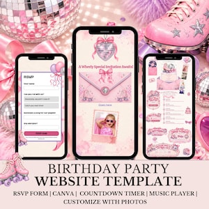 Roller Skate Birthday Website Invitation, Editable Canva Interactive Invite with RSVP, Countdown & Music, Pink Roller Disco Party
