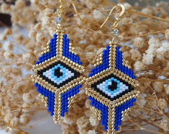 Handmade minimalist miyuki eye earrings, Unique design summer jewelry, Blue bead woven earrings, Trend gifts for girls, Personalized jewelry