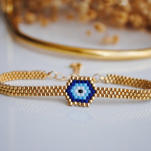 Miyuki evil eye bracelet, Adjustable Evil eye gold bead bracelet, Woven bracelet, Best friend bracelet, Trend gift for her image 4