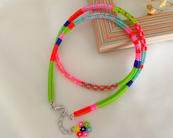Handwoven Miyuki Beaded Choker: Neon Boho Necklace