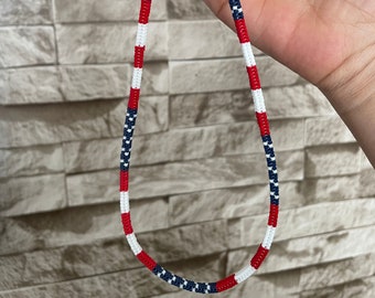 Handwoven Beaded Necklace, American Flag, Red white and blue choker, Adjustable trendy necklace, Boho chic necklace, Womens summer jewelry
