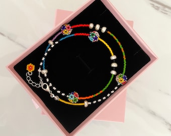 Beaded Flowers necklace, Flowers colorful choker, Summer necklace, Minimalist Friendship Necklace, Rainbow dainty Necklace, Costum Mom Gifts