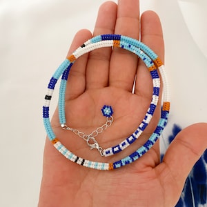 Blue Turkish Evil eye Necklace, Beaded Choker, Handwoven Necklace, Boho chic Style, Minimalist Necklace, Summer Necklace, Modern Necklace