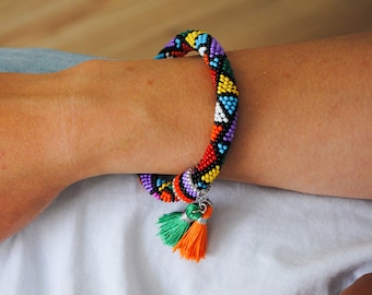 Multicolored geometric striped handmade bead crochet bracelet, Geometric jewellery, Handcrafted native bracelet, Summer gift
