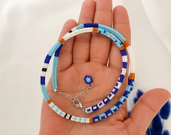 Blue Turkish Evil eye Necklace, Beaded Choker, Handwoven Necklace, Boho chic Style, Minimalist Necklace, Summer Necklace, Custom Mom Gifts