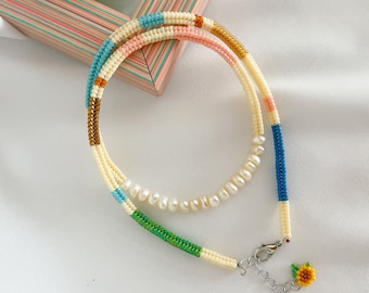 Collana di perle di perline, girocollo di perline miste intrecciate a mano, collana Boho chic, collana di vetro Miyuki colorata, collana estiva, regali per la mamma