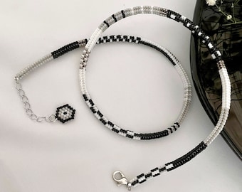 Handwoven Black & White Miyuki Beaded Necklace, Boho Ethnic Glass Jewelry