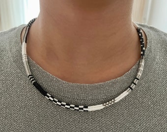 Black white handwoven necklace,Ethnic necklace ,statement necklace,Delicate glass, Boho beaded necklace, Unique gift Women, Custom Mom Gifts