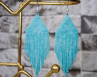 Turquoise miyuki seed bead earrings, Boho dangling earrings, minimalist earrings, Shiny earrings, summer earrings, Gift for mom