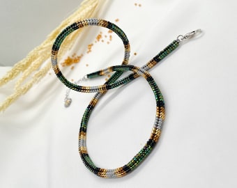 Hand-Woven Miyuki Glass Beaded Necklace – Green, Gold, Grey, Black Minimalist Style