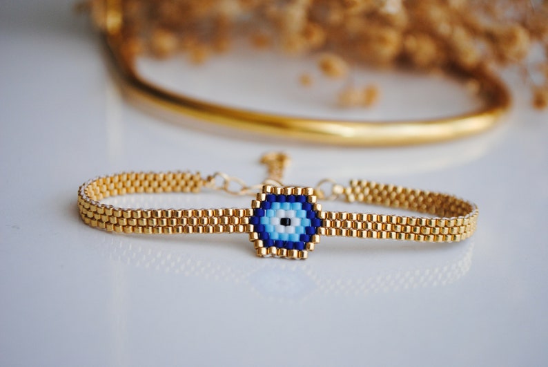 Miyuki evil eye bracelet, Adjustable Evil eye gold bead bracelet, Woven bracelet, Best friend bracelet, Trend gift for her image 4