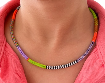 Handwoven Seed Bead Necklace, Multicolor Beaded Choker, Boho Beach Jewelry, Dainty Layering Necklace